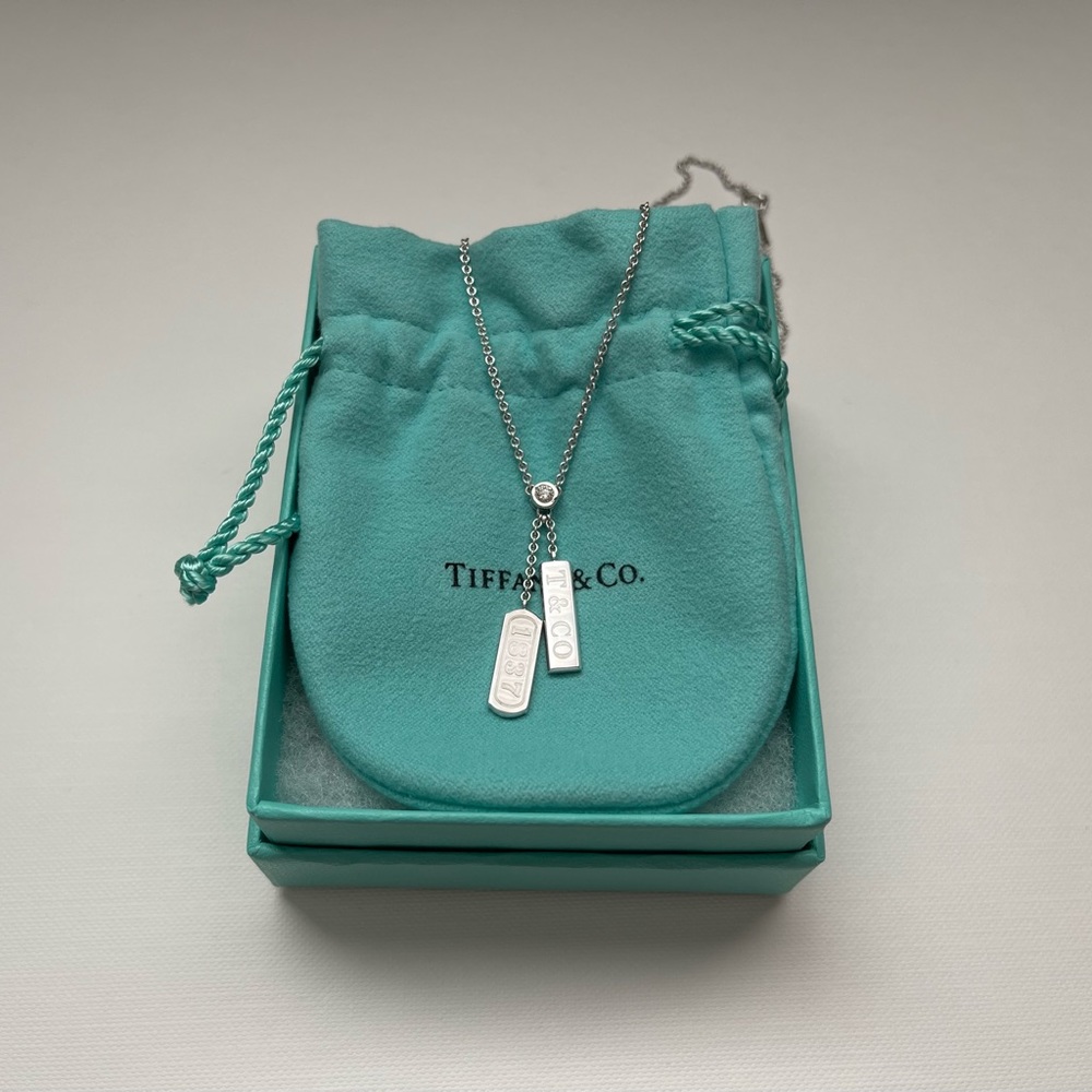 Tiffany & Co. 18k White Gold Diamond 1837 Bar Dangle Drop Lariat Necklace 16”